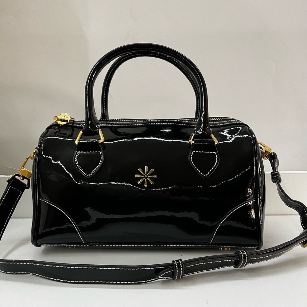 ISAAC MIZRAHI Black Patent Flower Boston Bag Satchel Tote